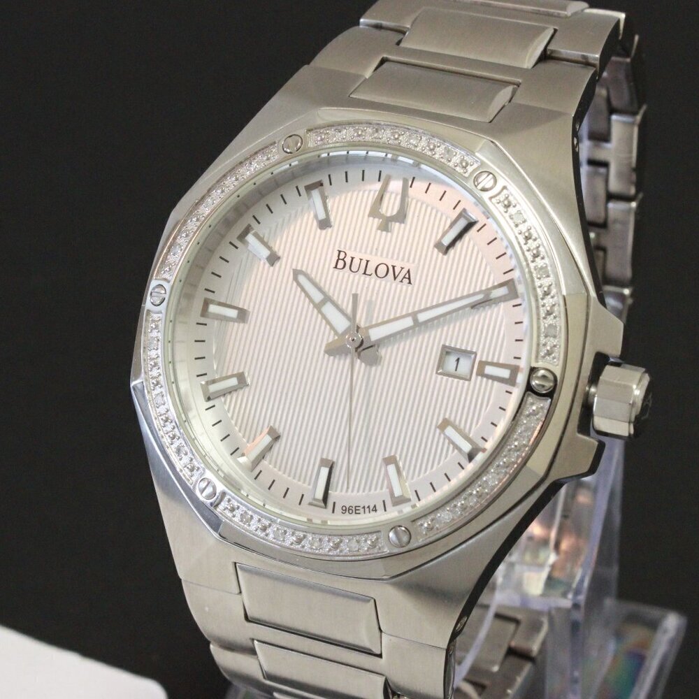 Bulova Men's Watch Diamond-Accent Bezel Integrated Bracelet Silver Textured Dial - Picture 7 of 15